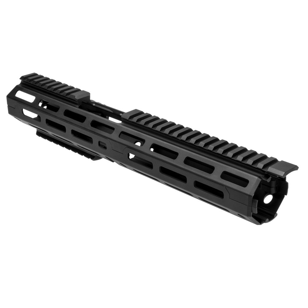 Black metal gun rail on a white background