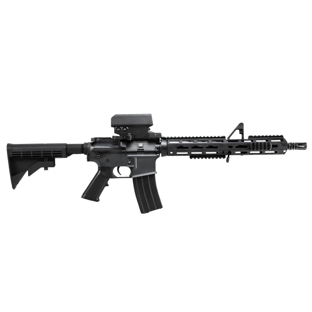 Black rifle with scope on a white background