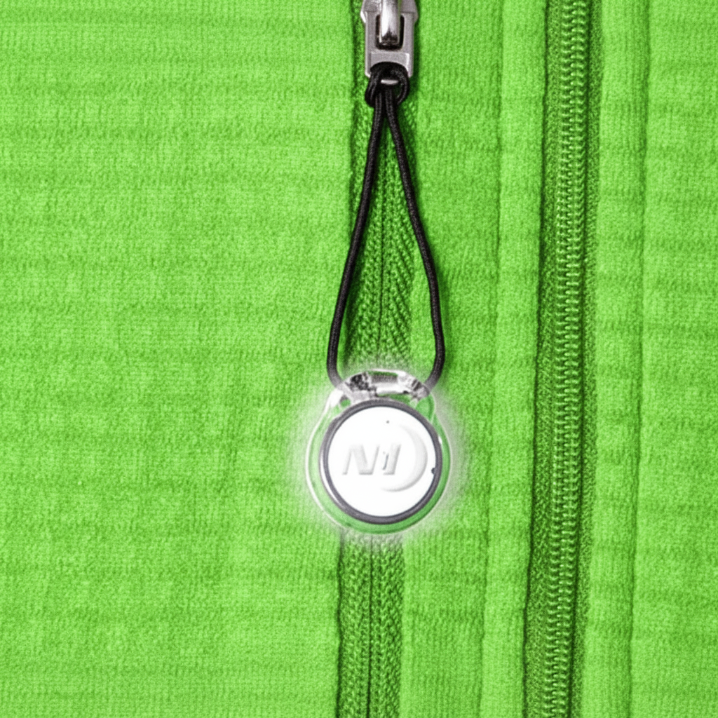 Close-up of a green jacket zipper with a keychain and light attached