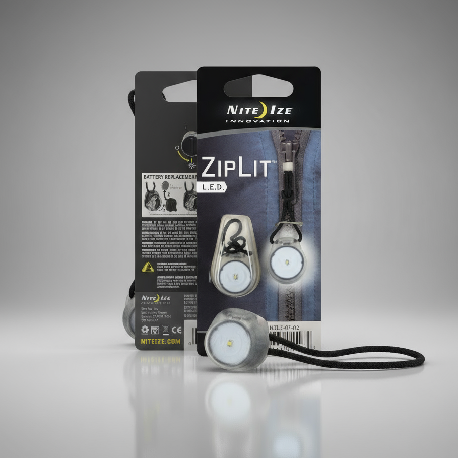 Nite Ize Ziplight LED keychain light with packaging on a gray background