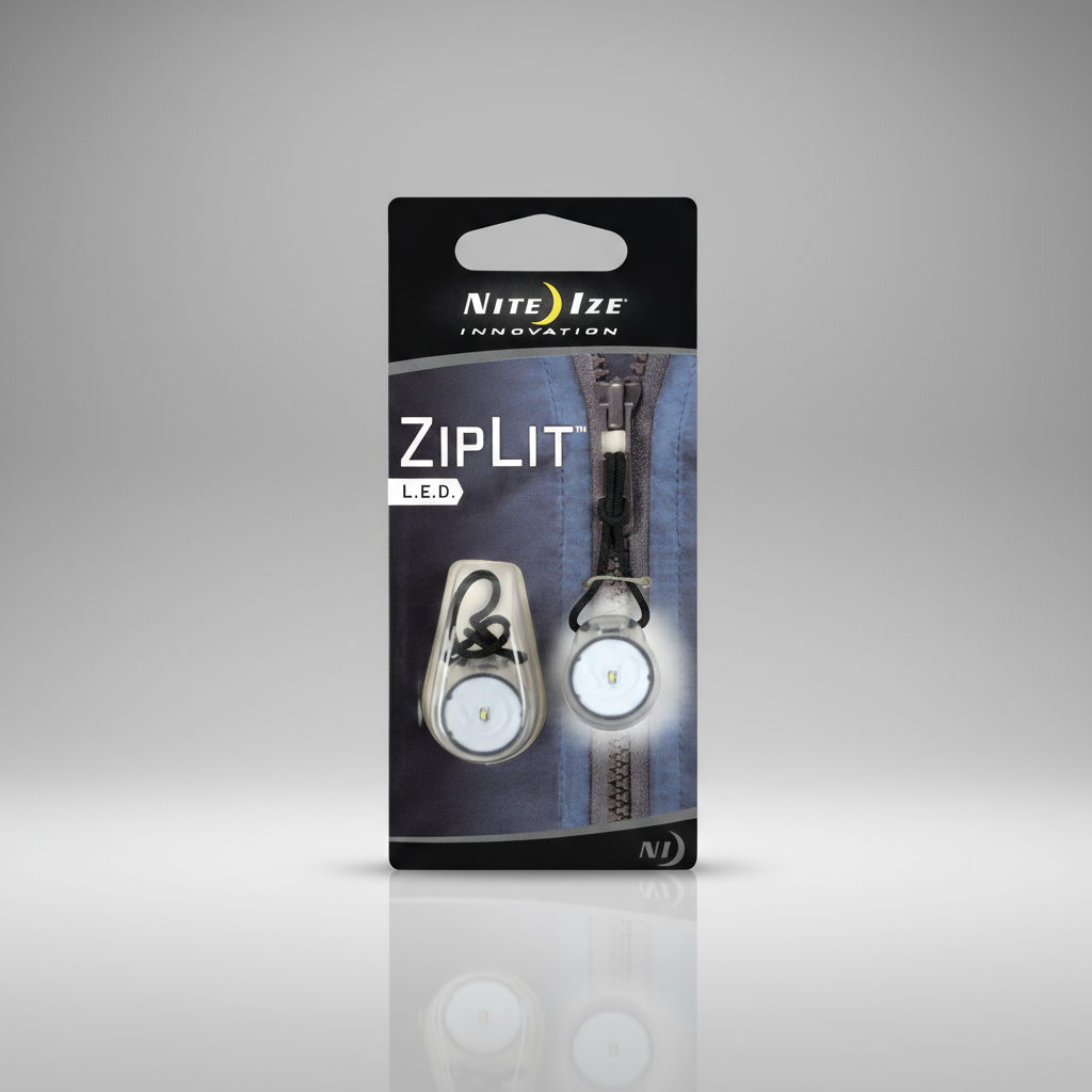 Nite Ize ZipLit LED packaging on a gray background