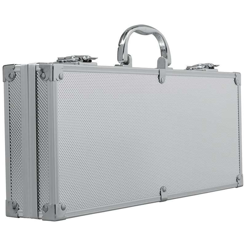 Silver metal briefcase with textured surface on a white background. Hoppe’s Universal Gun Cleaning Kit UAC76 with rods, brushes, swabs, and case for pistols, rifles, and shotguns

