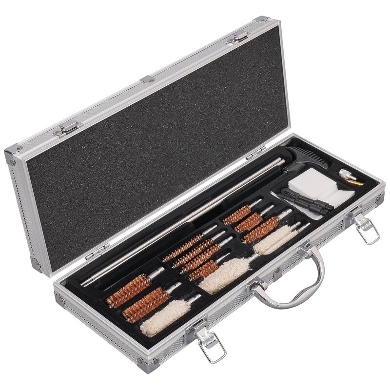 Gun cleaning kit with brushes and tools in a metallic case on a white background