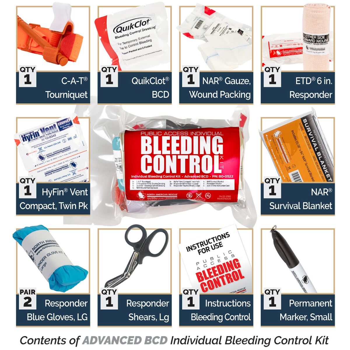 North American Rescue ADVANCED BCD Individual Bleeding Control Kit contents