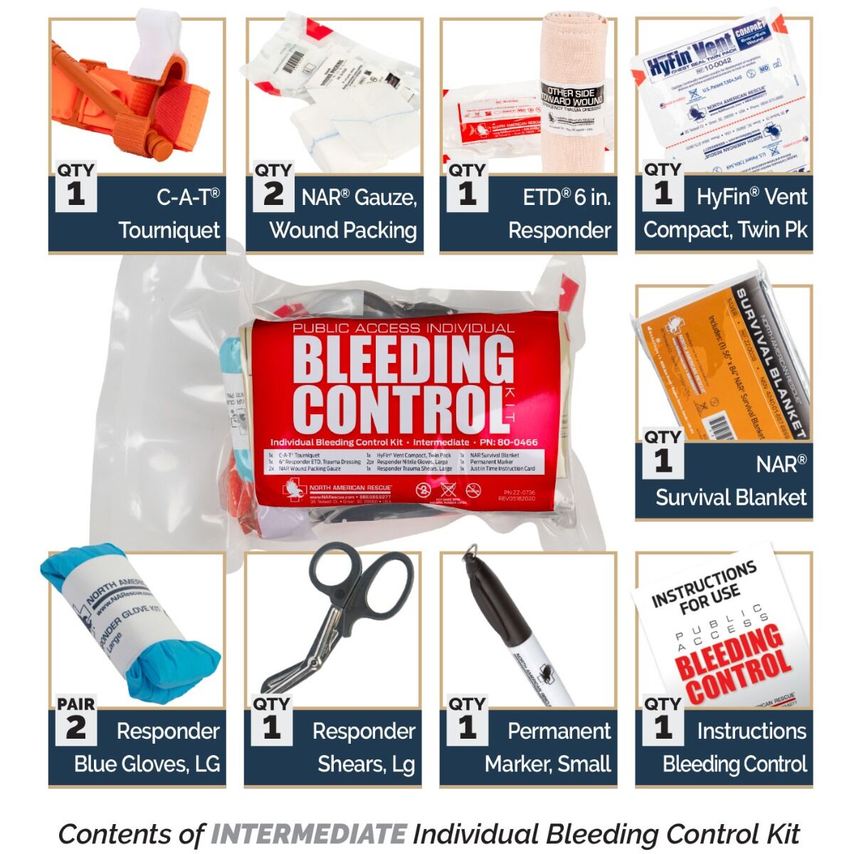 North American Rescue Bleeding Control Kit Intermediate – Essential Trauma Kit with C-A-T Tourniquet, Combat Gauze, Chest Seals, and Emergency Supplies