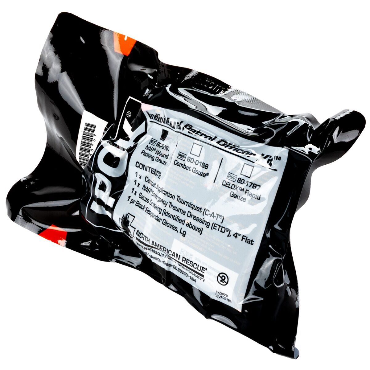 Black medical supply package with white label on a white background