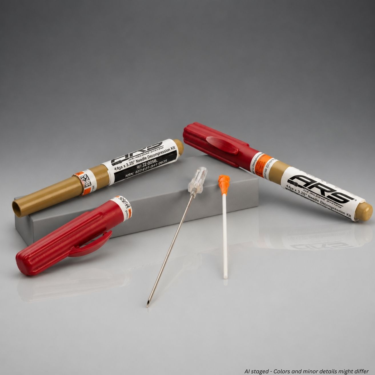 Two red and gold decompression needles with their caps off on a gray background