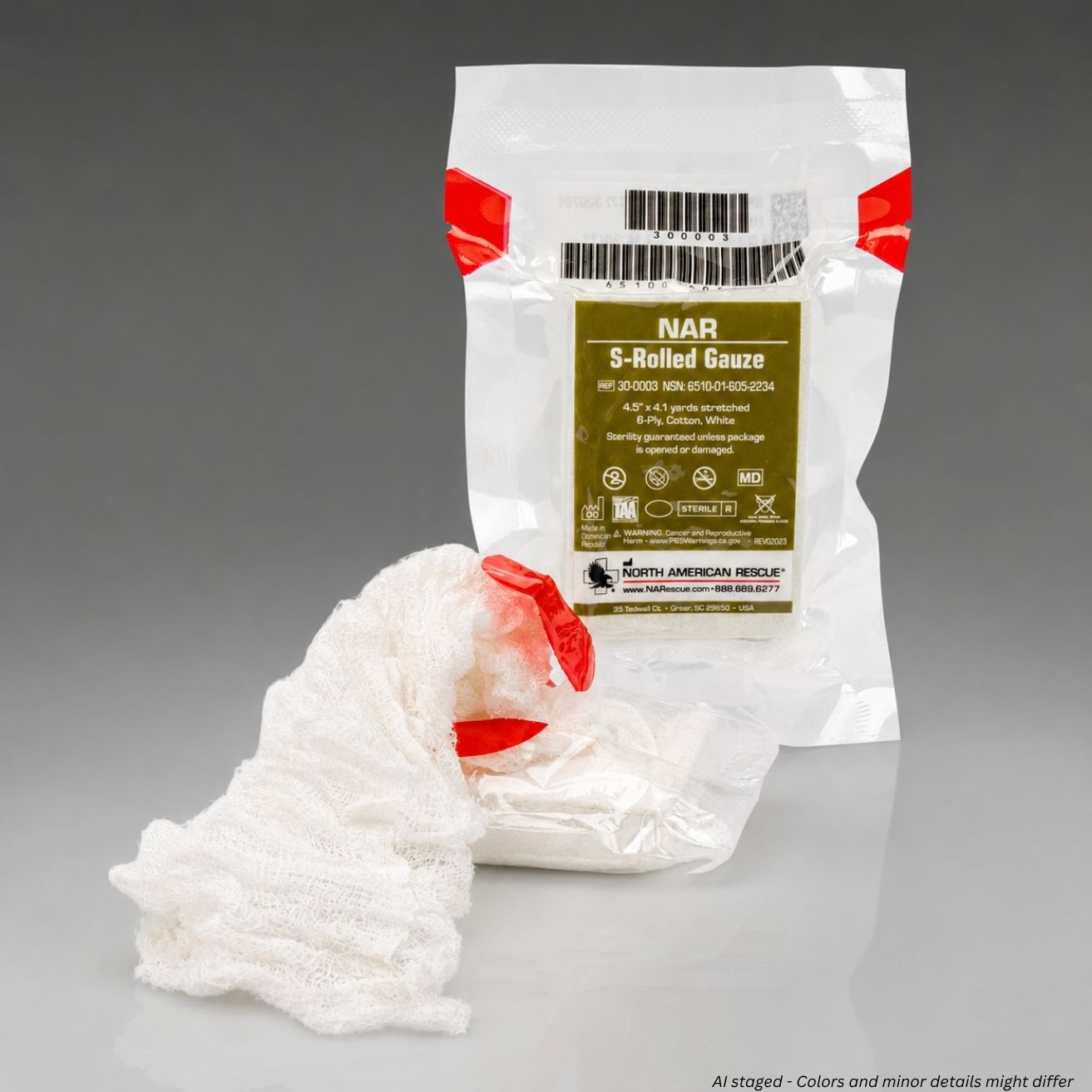 NAR S-Rolled Gauze package with gauze on a gray background