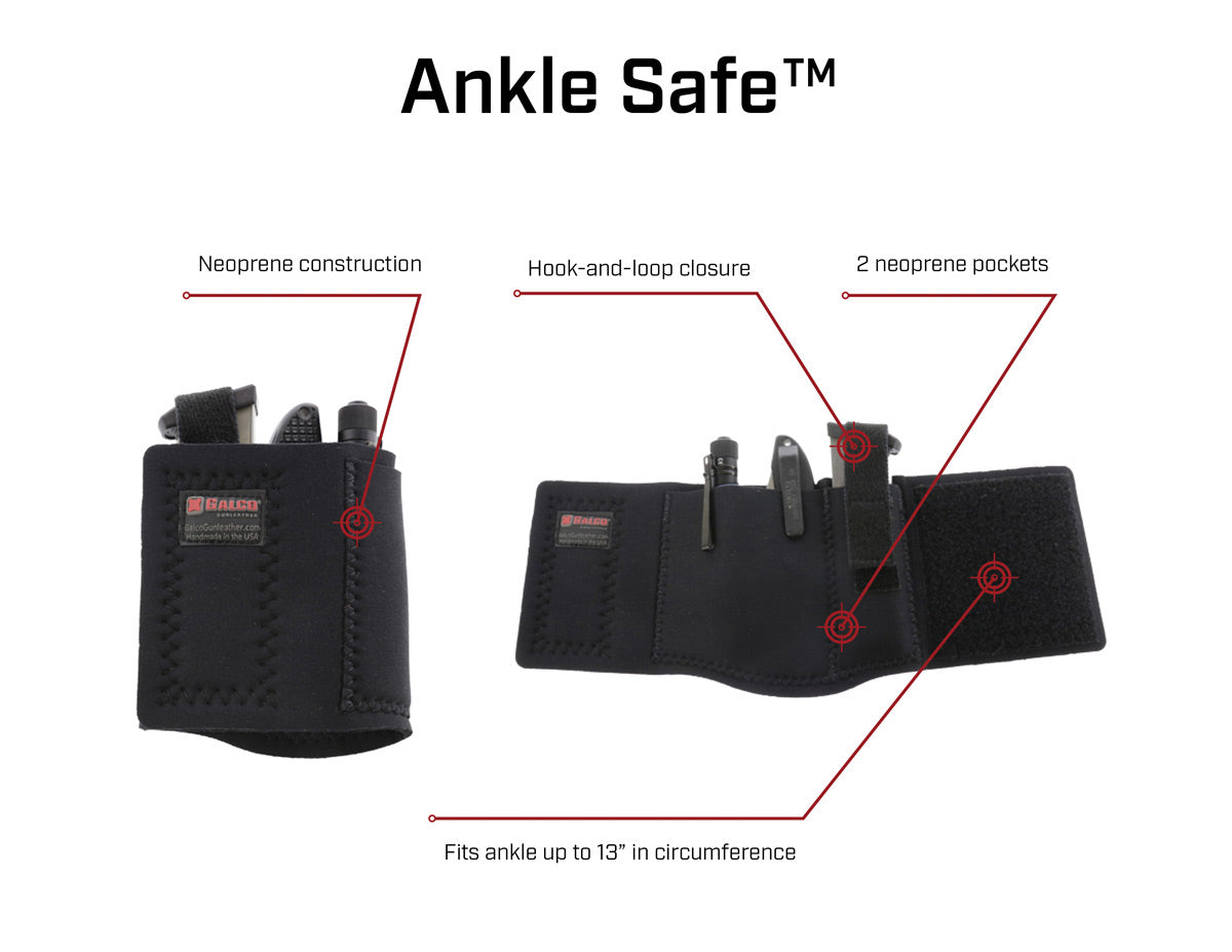 Galco Gunleather Ankle Safe 3.0 showcasing neoprene construction, hook-and-loop closure, and two pockets for secure storage.