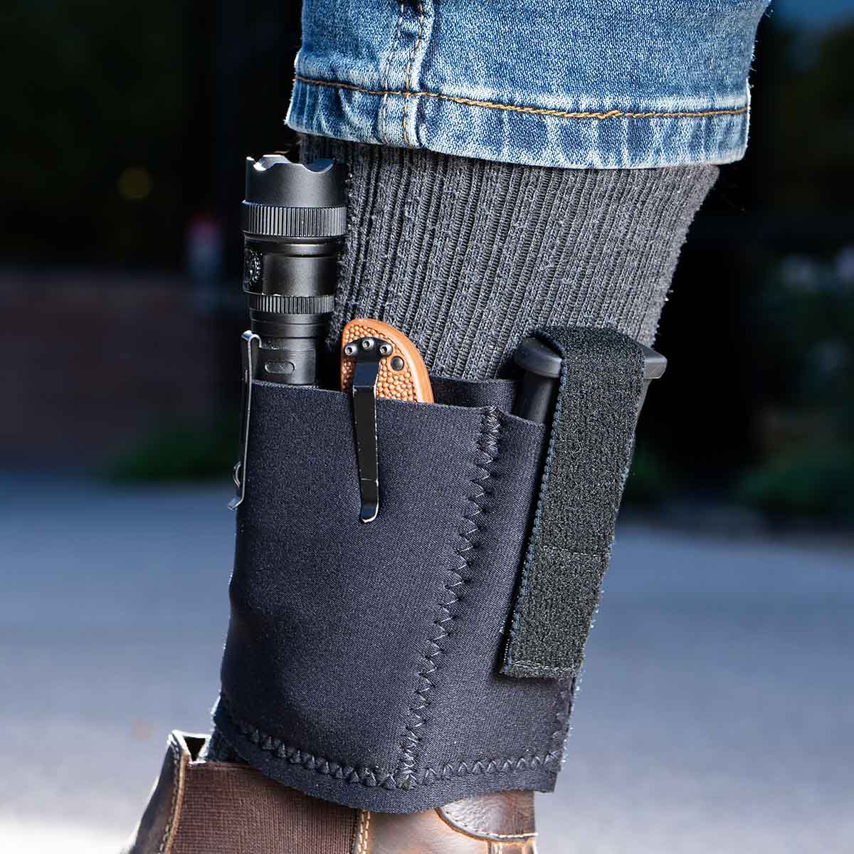 Galco Gunleather ANKLE SAFE 3.0, featuring a flashlight and knife secured in a neoprene ankle holster for discreet access.