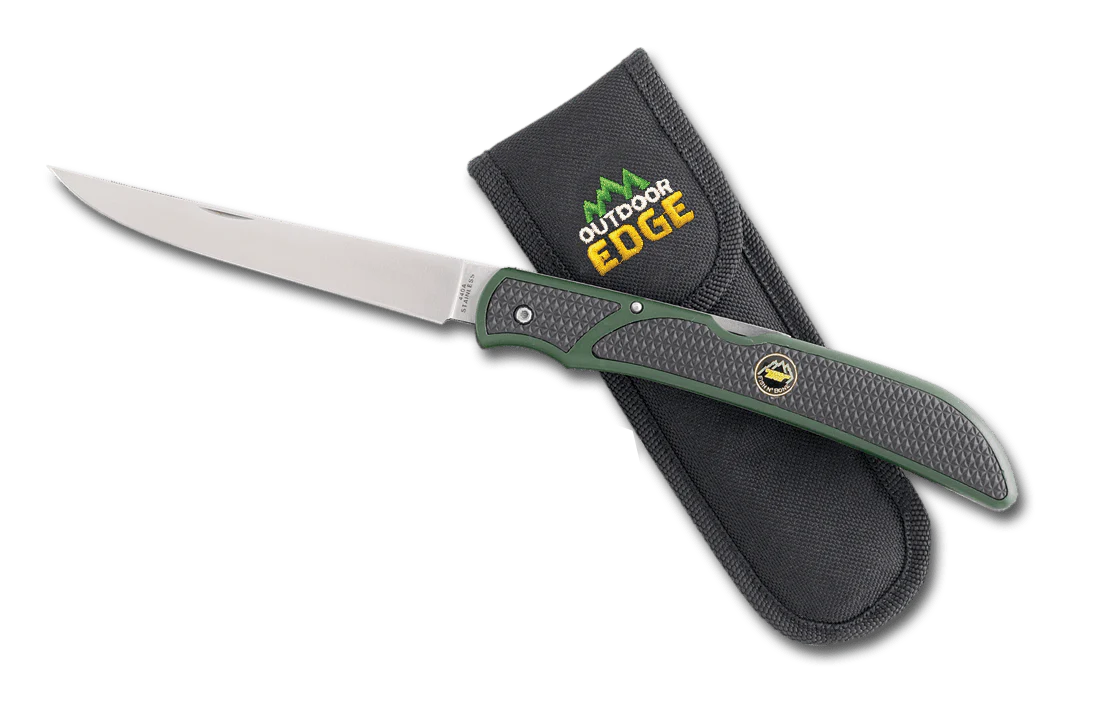Outdoor Edge FISH & BONE folding knife with green and black grip, ideal for filleting fish and deboning game, with protective sheath.
