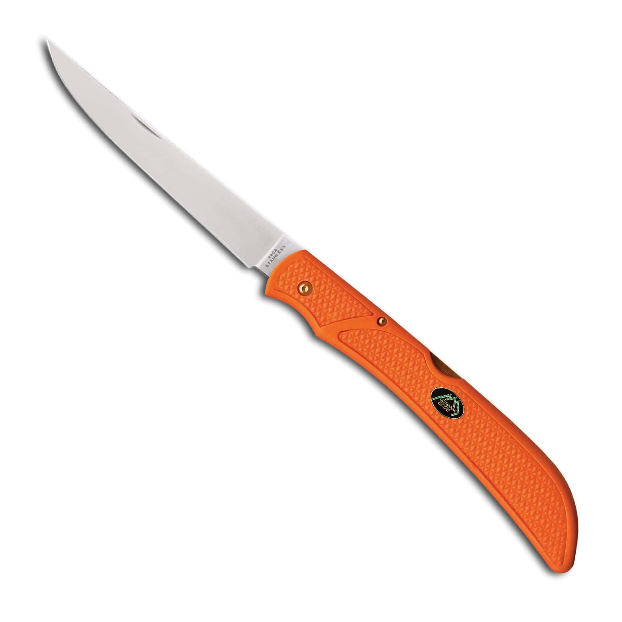 Outdoor Edge FIELD-BONE folding knife with flexible 5-inch stainless steel blade and blaze-orange Zytel handle for secure grip.