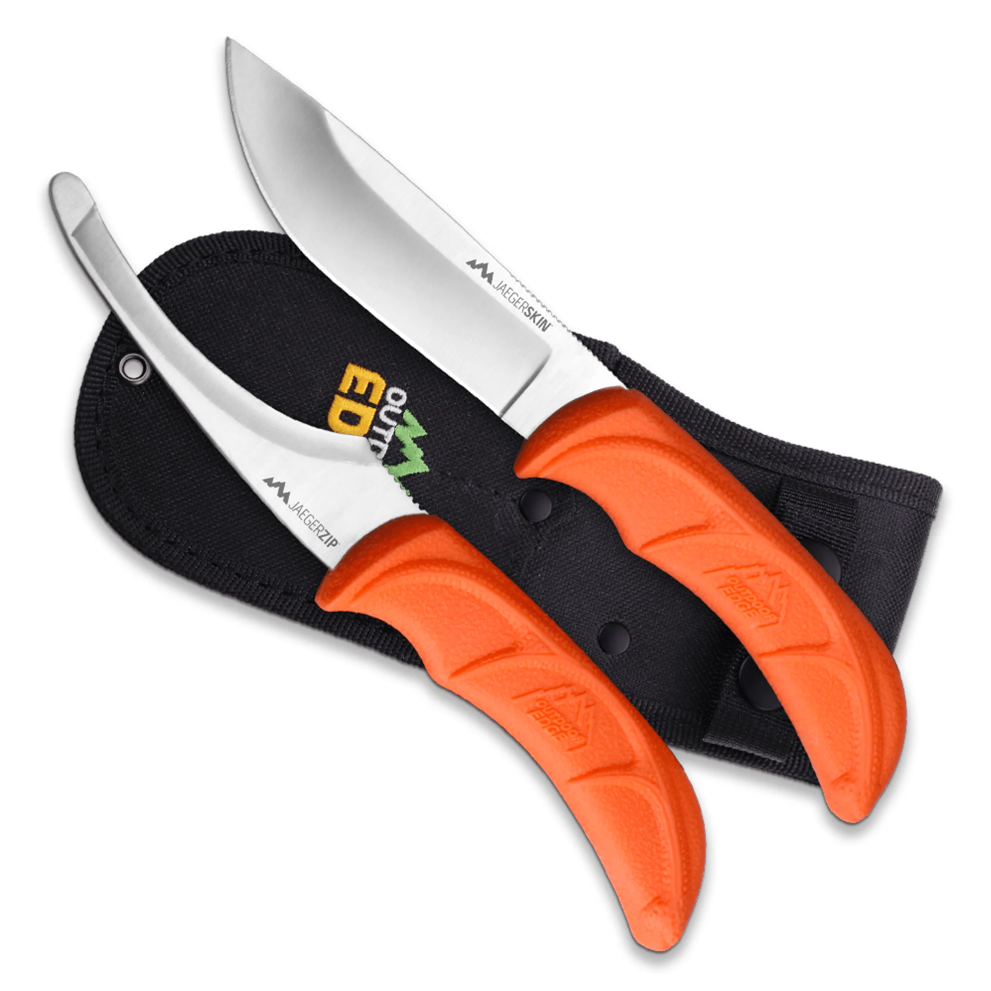 Outdoor Edge Jaeger-Pair skinner and gutting knife combo with orange handles and protective sheath.