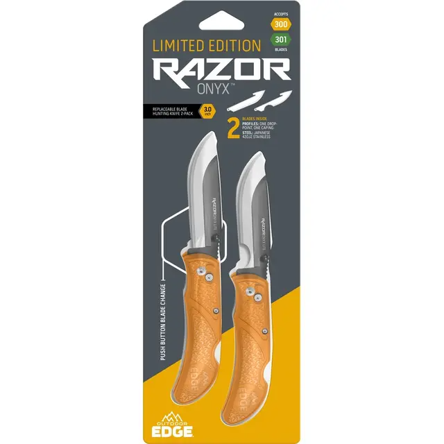 Limited Edition Outdoor Edge Razor Onyx 3" knives, 2-pack with replaceable blades for hunting and outdoor activities.