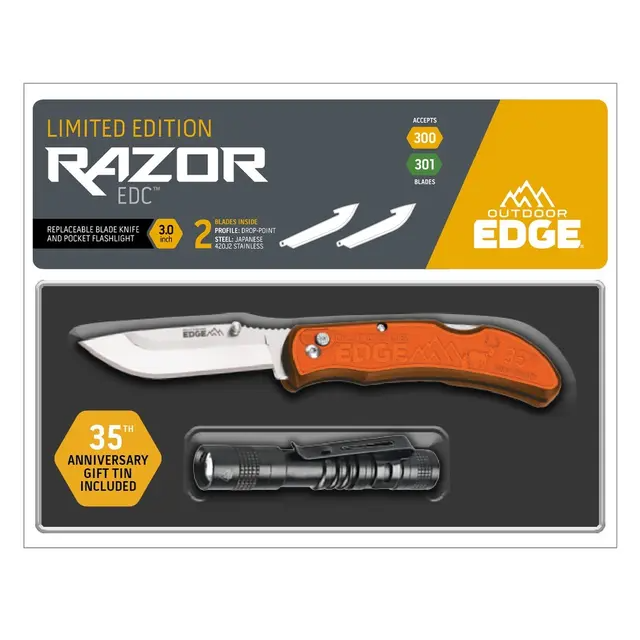 Outdoor Edge Limited Edition Razor EDC Lite 3" folding knife with flashlight and gift tin, perfect for outdoor enthusiasts.