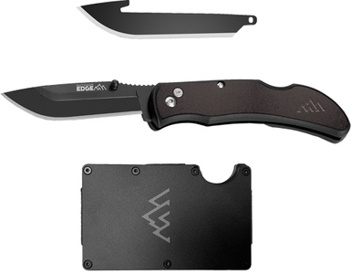 Outdoor Edge folding knife with blade and metal carry case, perfect for outdoor enthusiasts and everyday use.