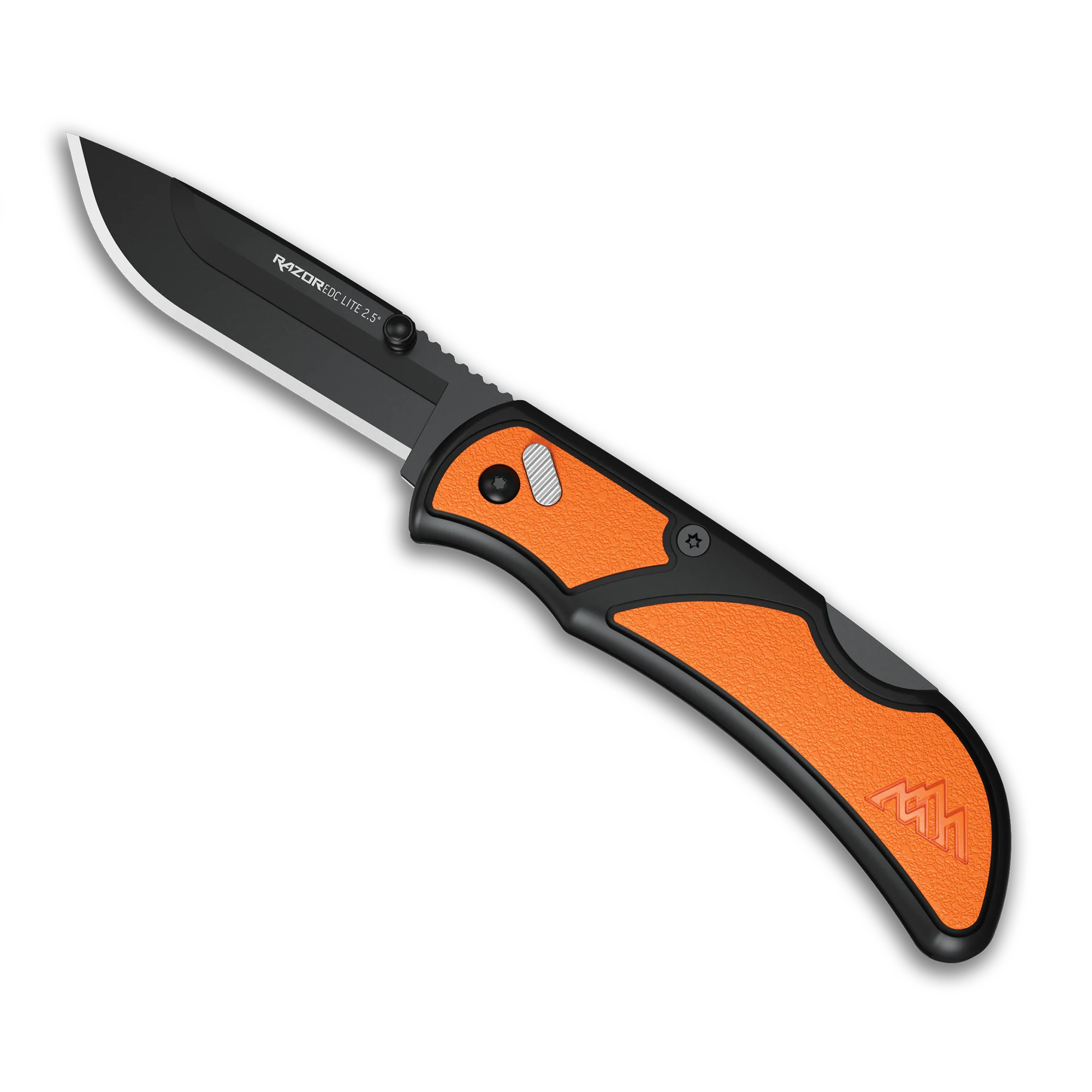Outdoor Edge 2.5 Razor-EDC Lite folding knife with orange handle and black blade, designed for outdoor adventures.