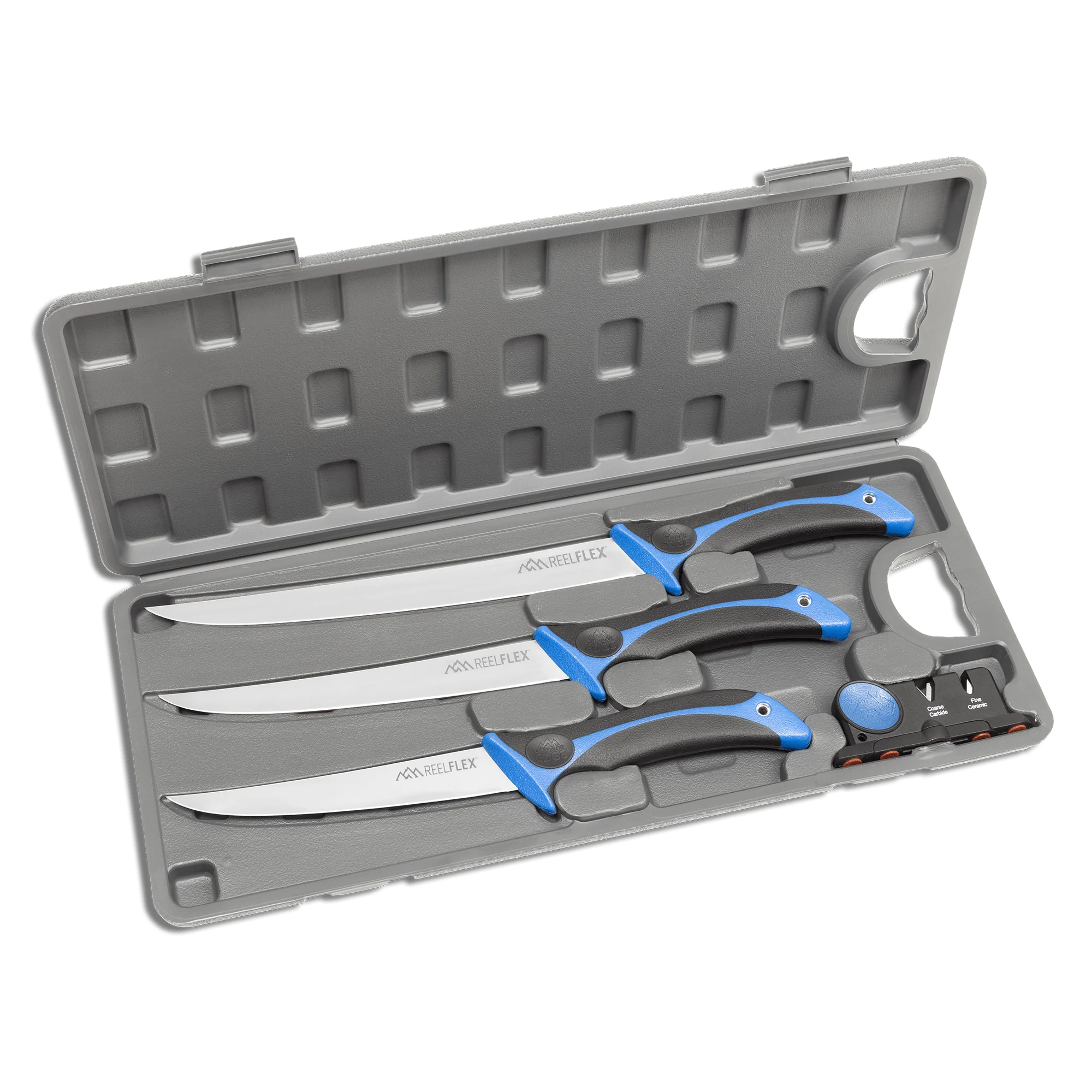 Outdoor Edge REELFLEX PAK 5-piece fillet knife set in a protective case, designed for professional fishermen.