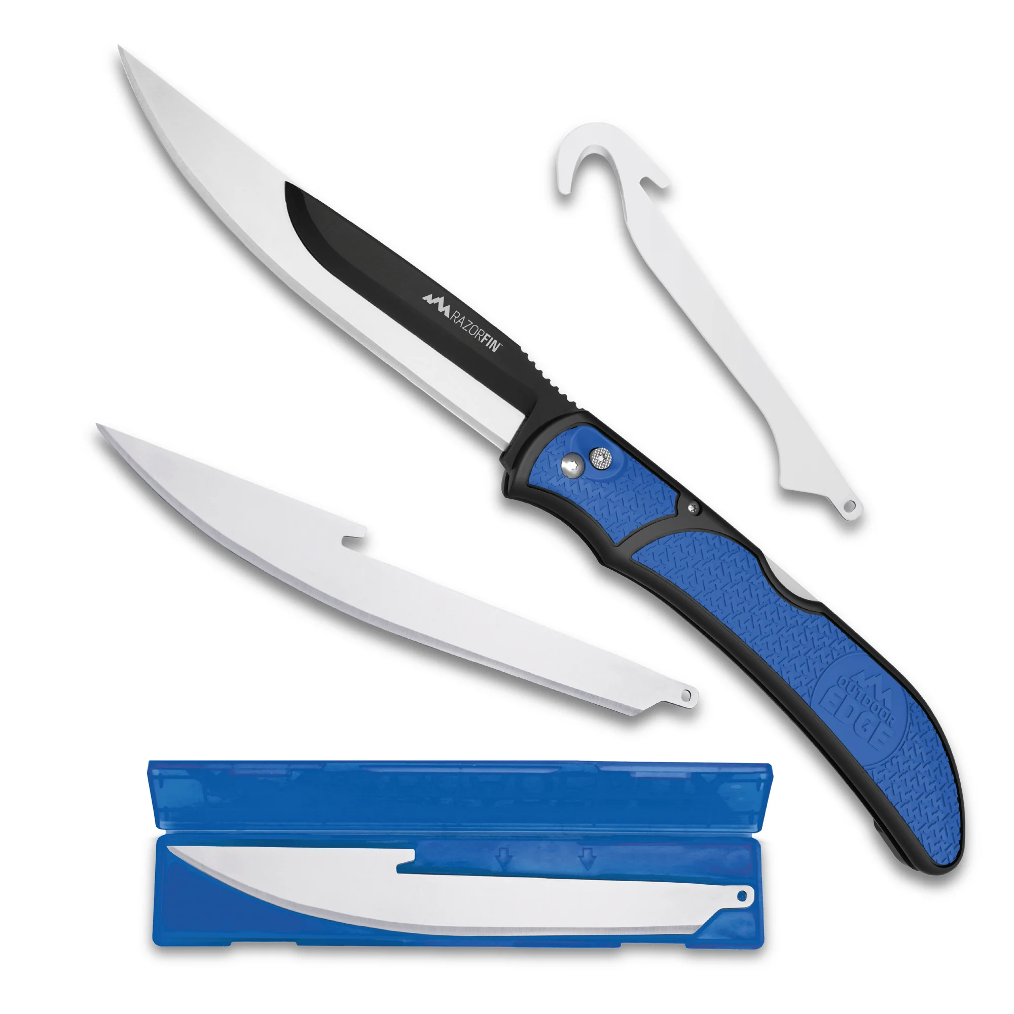 Outdoor Edge Razor-Fin blue fillet knife with three blades and gutting tool, perfect for anglers and fishing enthusiasts.