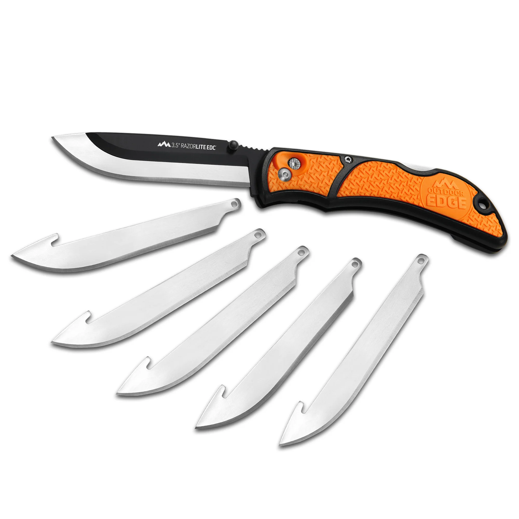 Outdoor Edge 3.5 RAZOR-EDC LITE knife in orange with six replaceable blades displayed.