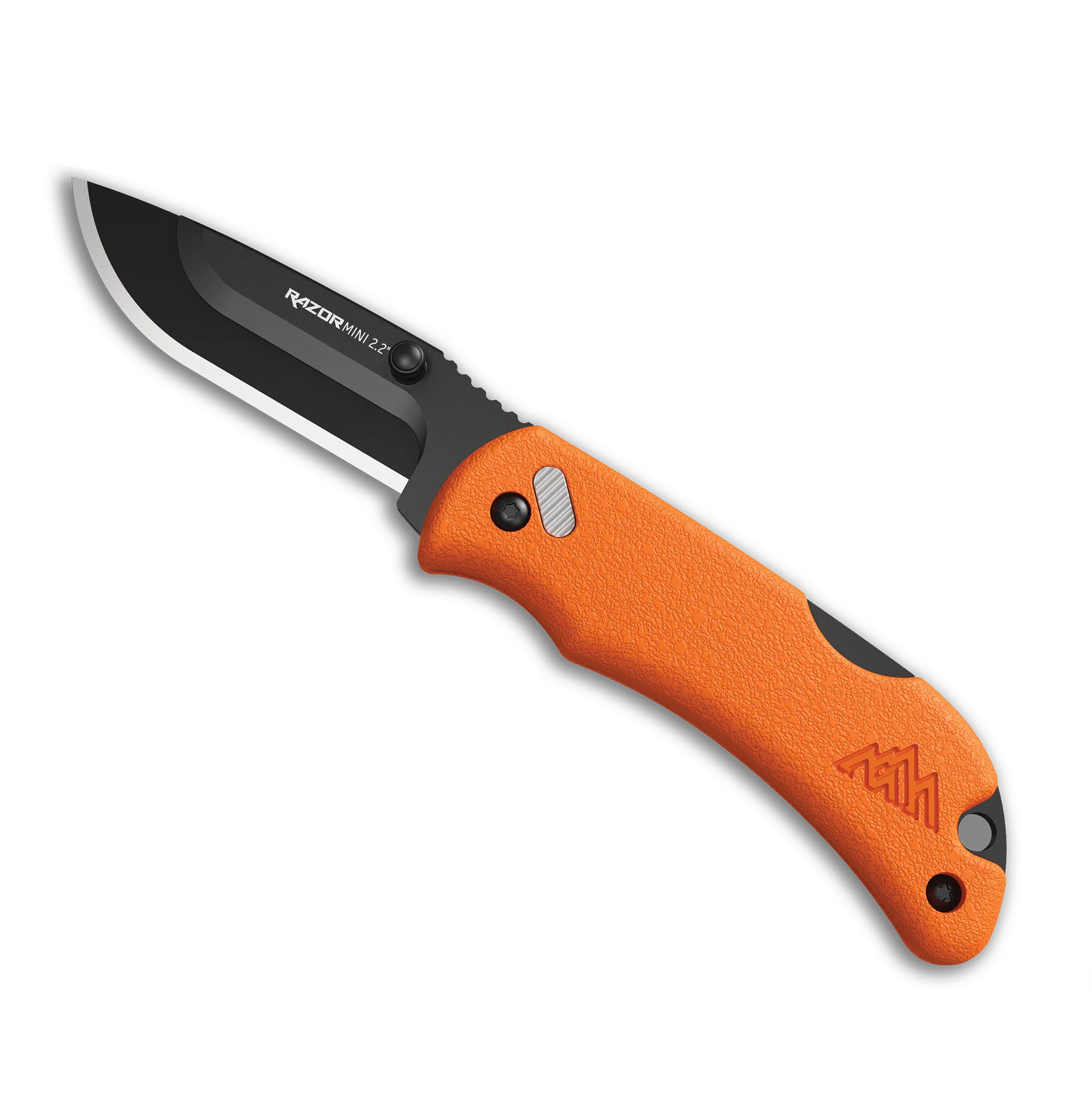 Outdoor Edge Razor-Mini pocket knife with sleek design and orange handle, featuring high-quality black drop-point blade.