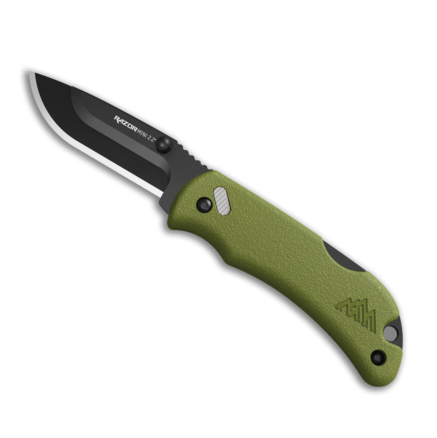 Outdoor Edge 2.2 RAZOR-MINI pocket knife with OD green handle and black drop-point blade, ideal for precision and convenience.