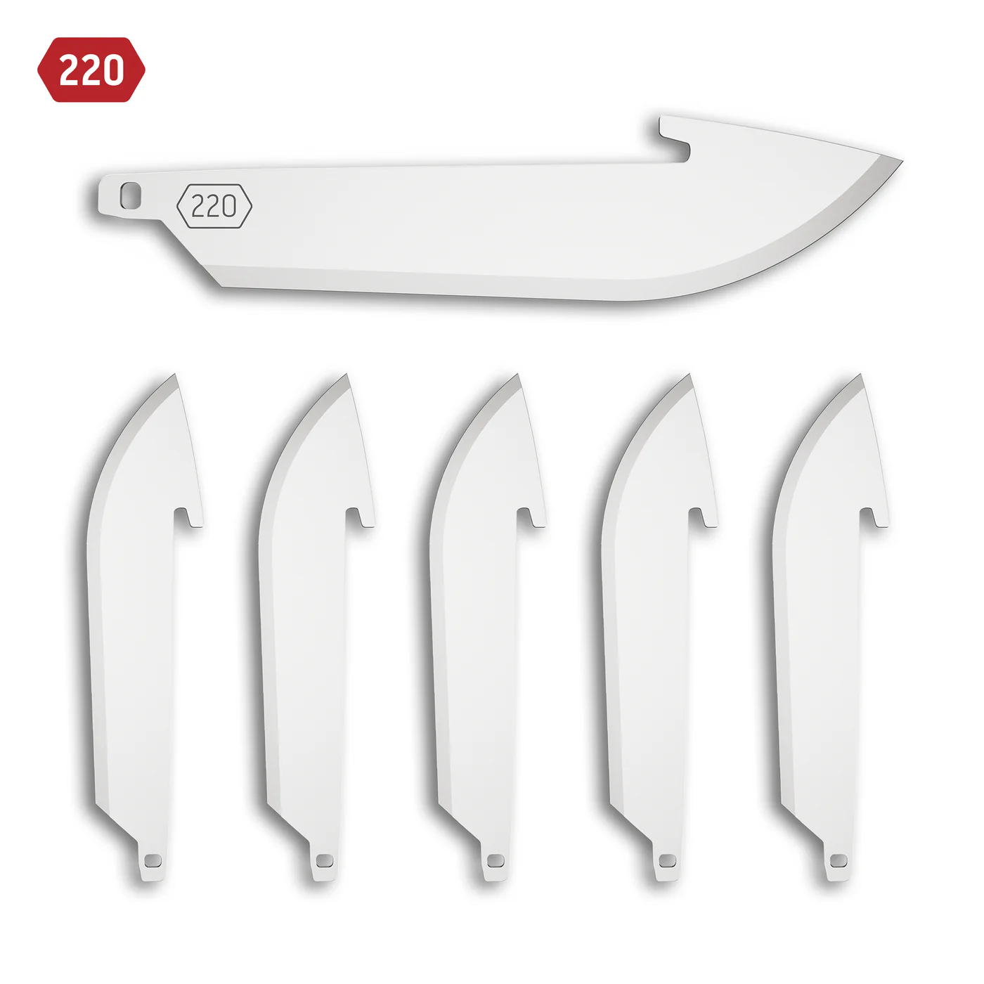 Set of six 2.2" drop-point replacement blades with polished finish, ideal for hunting and everyday use.
