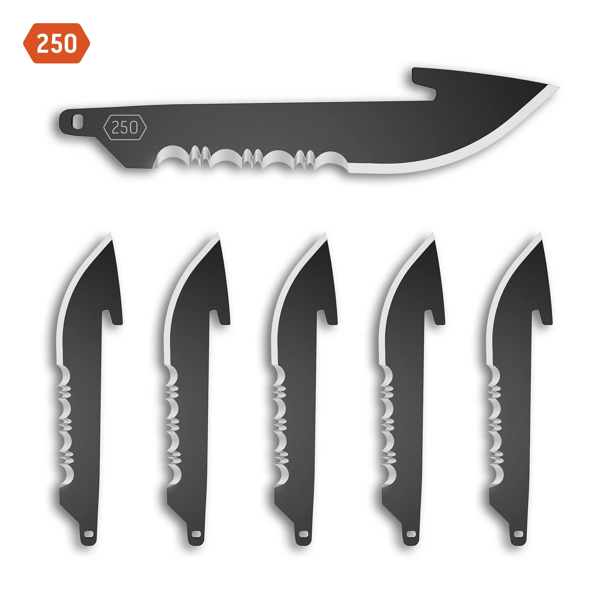 Outdoor Edge 2.5 serrated utility blade pack featuring six black drop point replacement blades for all carrying needs.