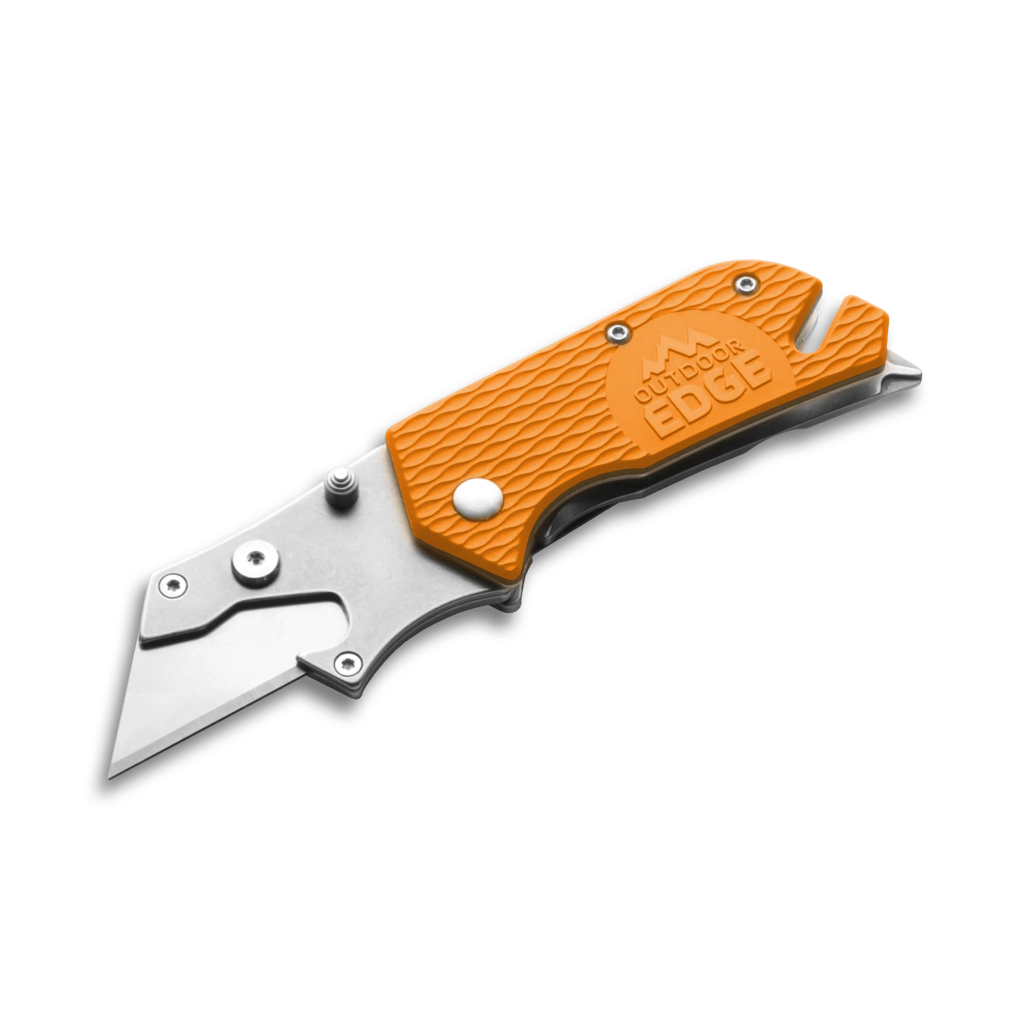 Outdoor Edge UTILIPRO orange folding utility knife multitool with rugged stainless steel frame and comfortable grip.