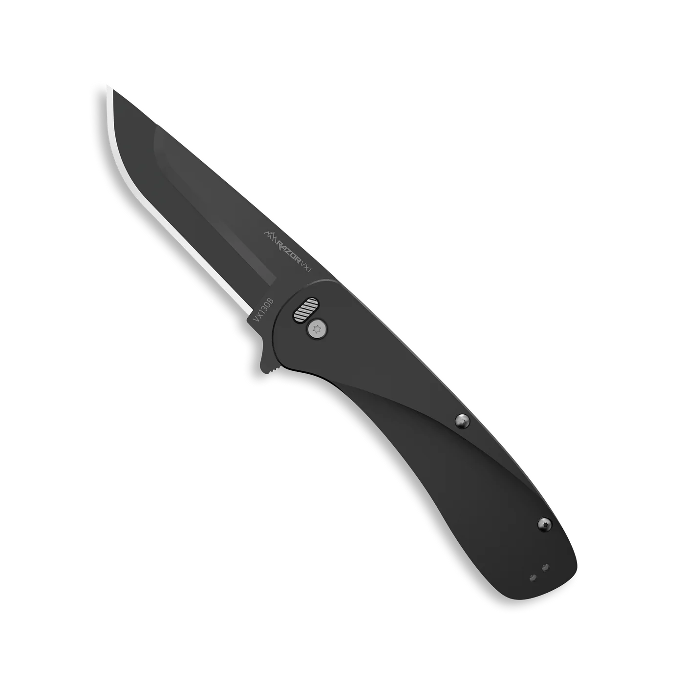 Outdoor Edge Razor VX1 knife with black anodized aluminum handle and sleek folding blade, ideal for utility and EDC use.