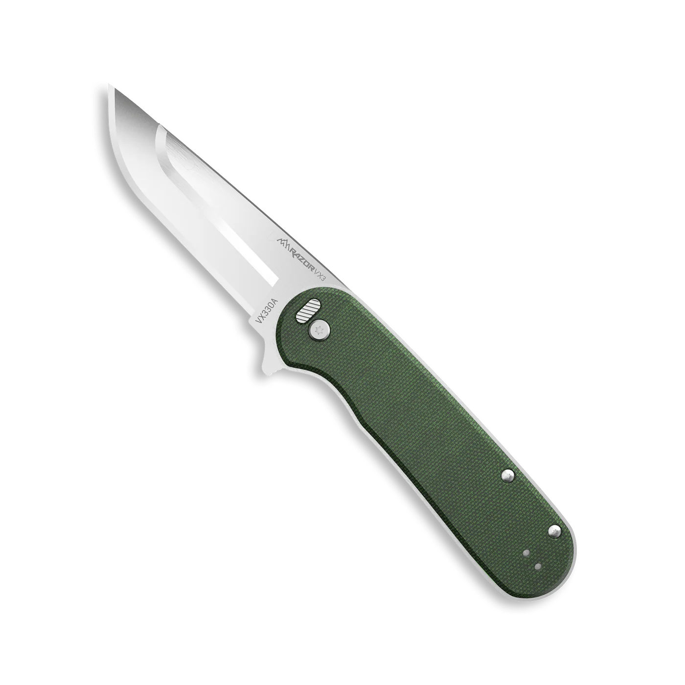 Outdoor Edge Razorvx3 Knife with green micarta handle, featuring premium stainless steel and smooth blade technology.