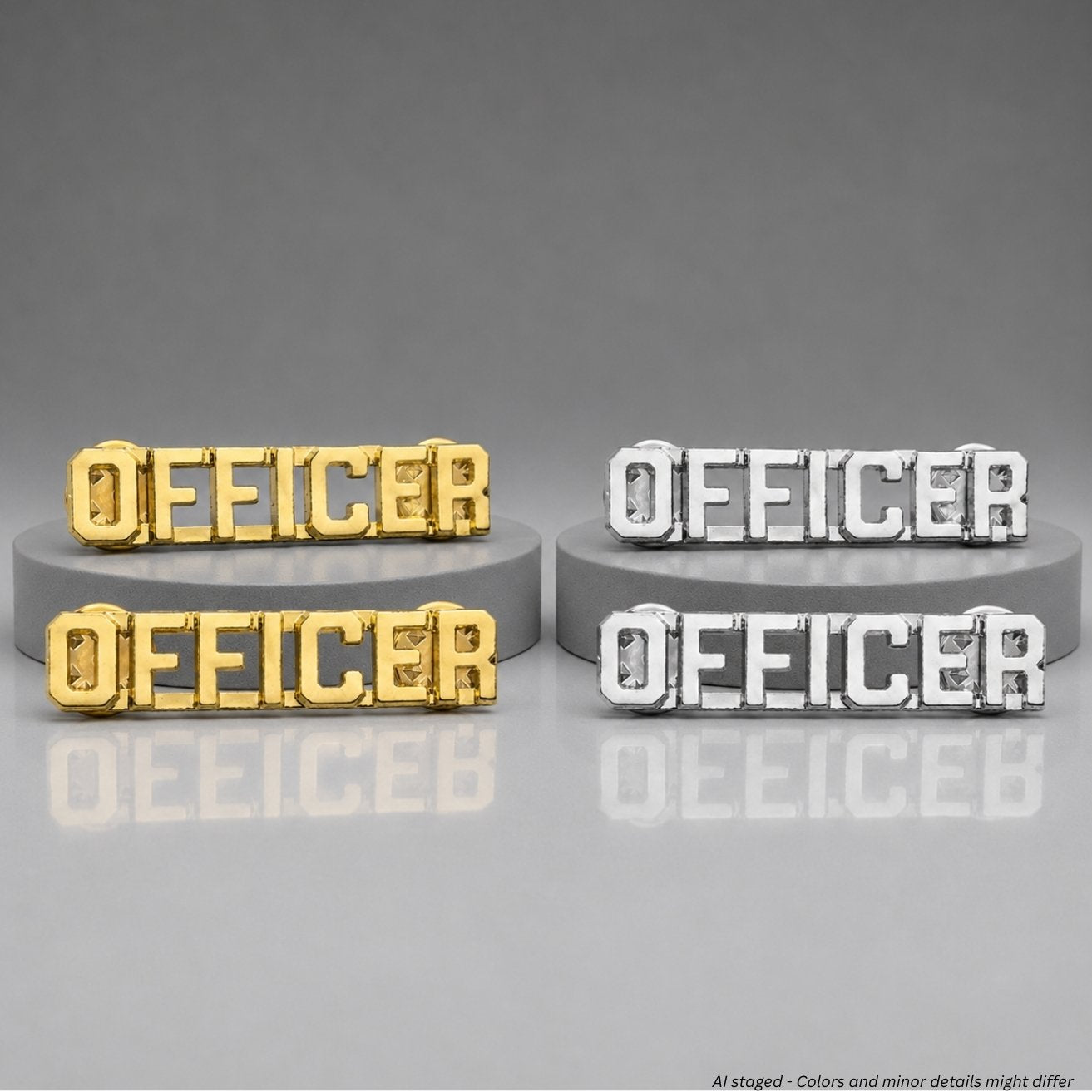 First Class Uniforms Officer Collar Pins pair showing gold IN54 and nickel silver IN55 sets side by side on display stands
