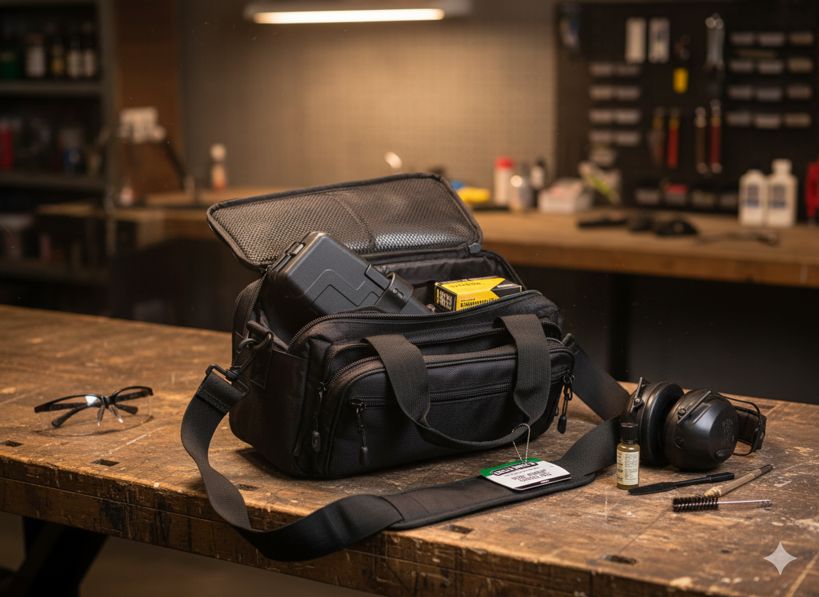 Black bag with tools on a wooden workbench in a workshop setting