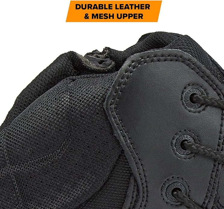 Close-up of black leather and mesh shoe with durable material text overlay