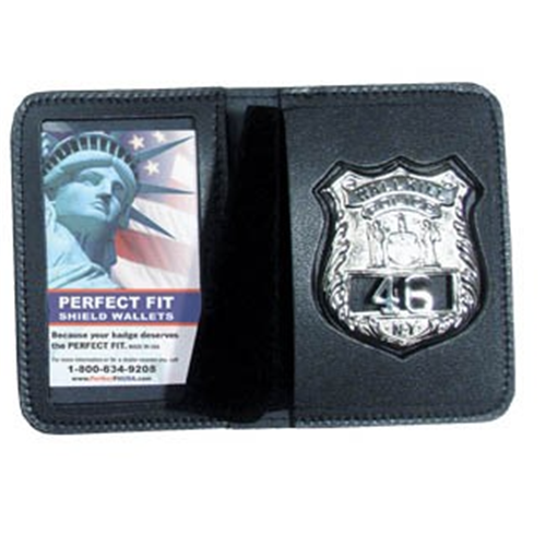 Perfect Fit Bifold Wallet displaying a badge and ID card, featuring durable leather and compact design for optimal storage.