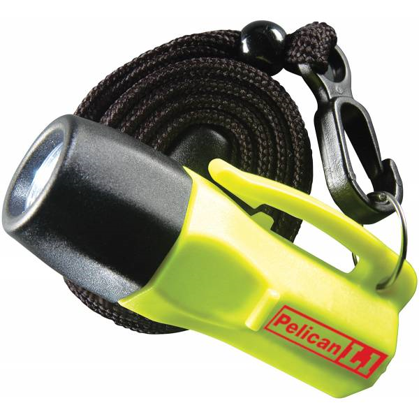 Pelican 1930 L1 LED flashlight in bright yellow with a breakaway safety lanyard, designed for durability and reliability.