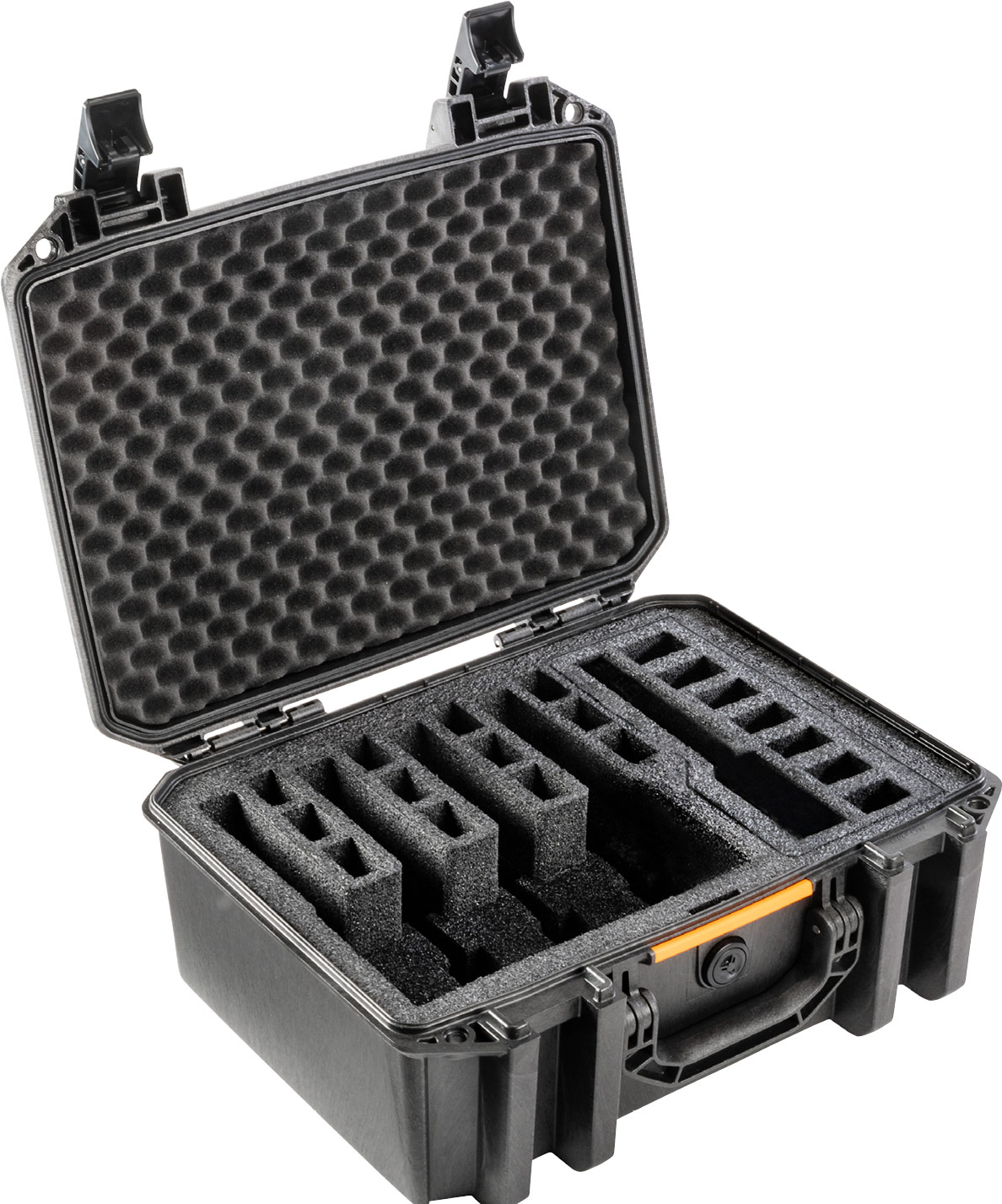 Pelican V300P Vault 5 Pistol Gun Case with foam insert, designed for secure storage of multiple firearms and ammunition.