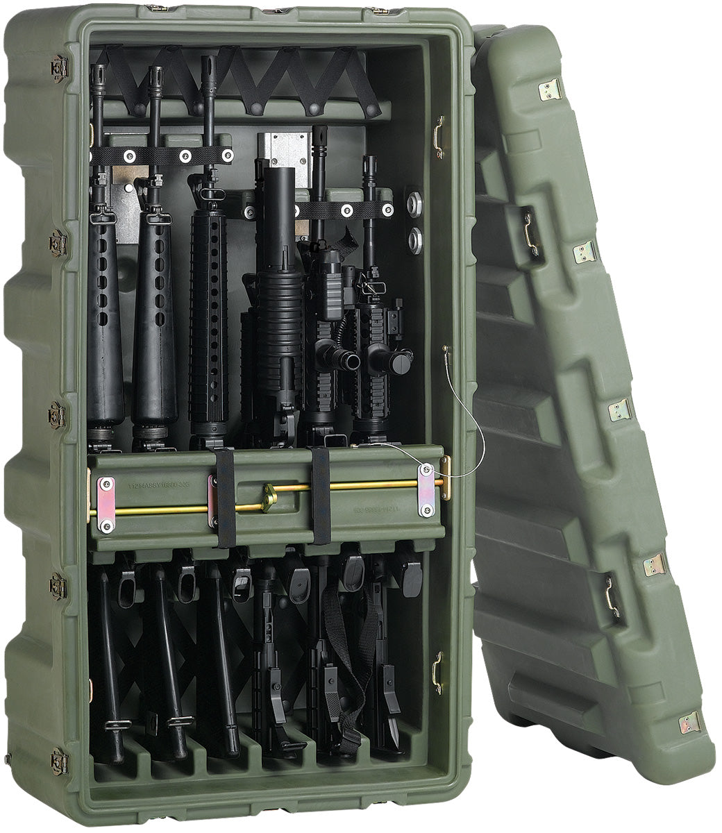 Pelican Mobile Armory Rifle Case 472-M4-M16-6 with M16 and M4 rifles securely stored and organized inside a durable green case.