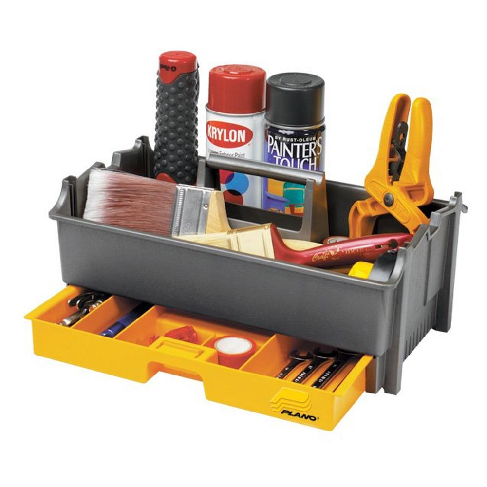 Plano 311007 TOTEMORE gray caddy with yellow tray, featuring tools and paint supplies for easy organization and access.