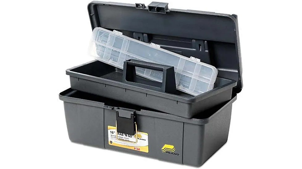 Plano Grab N' Go Toolbox with open lid showing utility organizers and lift-out tray for convenient tool storage.