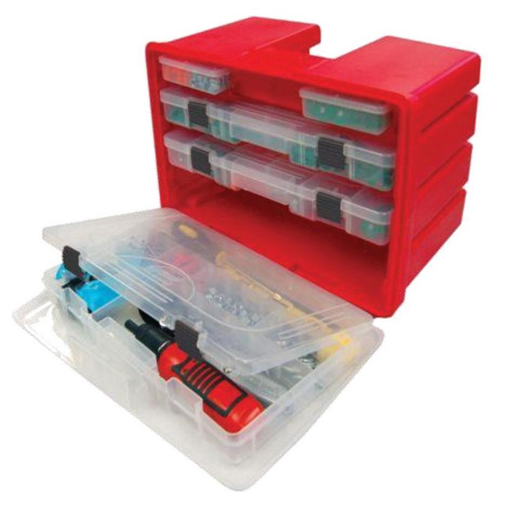 Plano Deluxe Portable Rack System with stacked storage boxes and clear utility containers for organized tools and supplies.