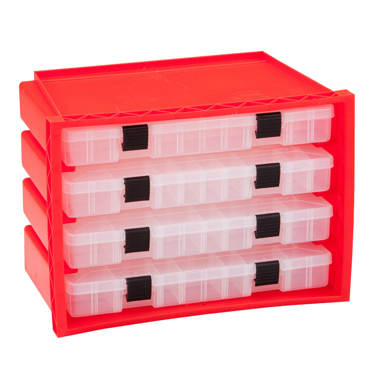 Red Plano Organizer features a portable rack system with four clear StowAway utility boxes for optimal storage and organization.