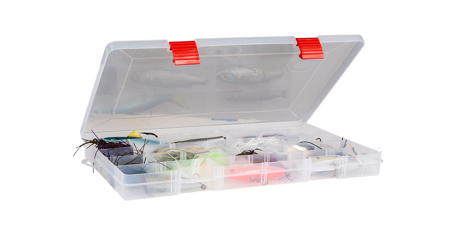 Plano Rustrictor 3700 StowAway tackle box with baits and lures organized in clear compartments.