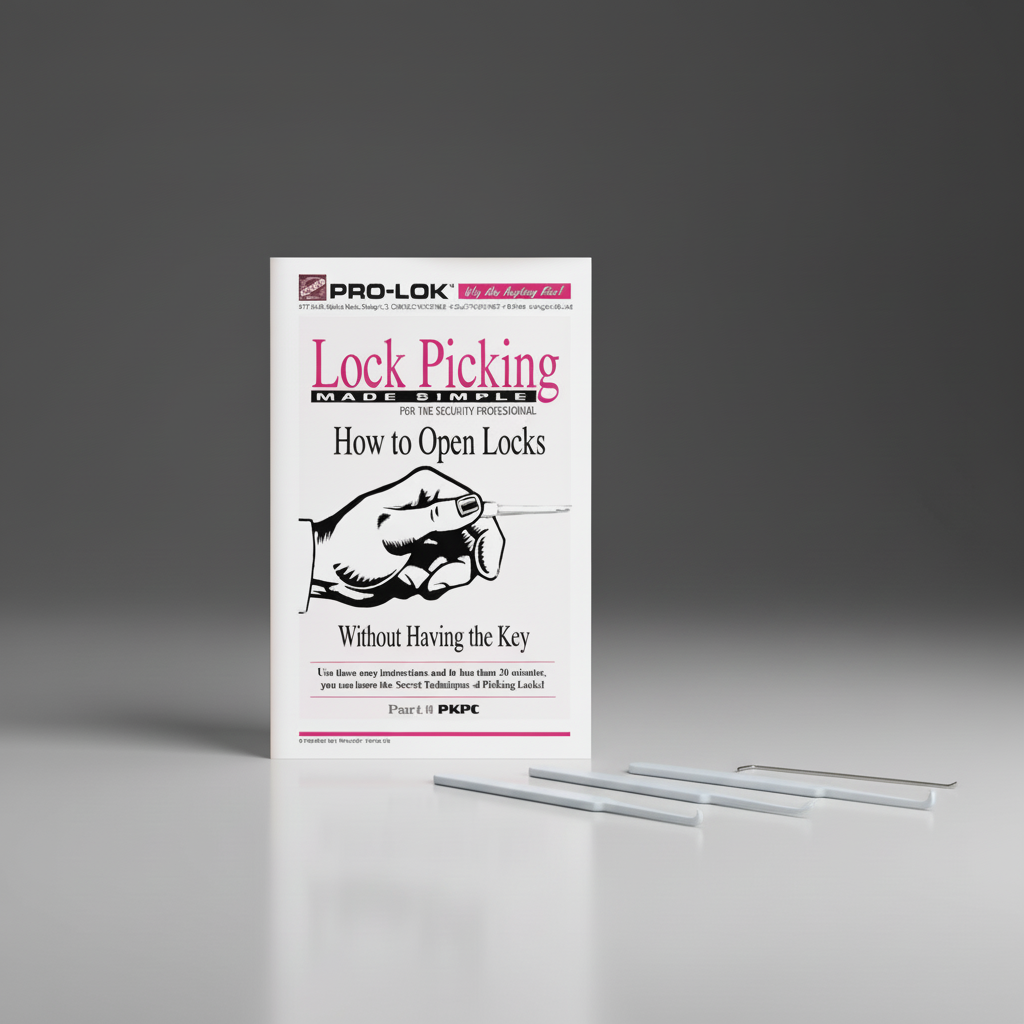 Booklet on lock picking with tools on a gray background