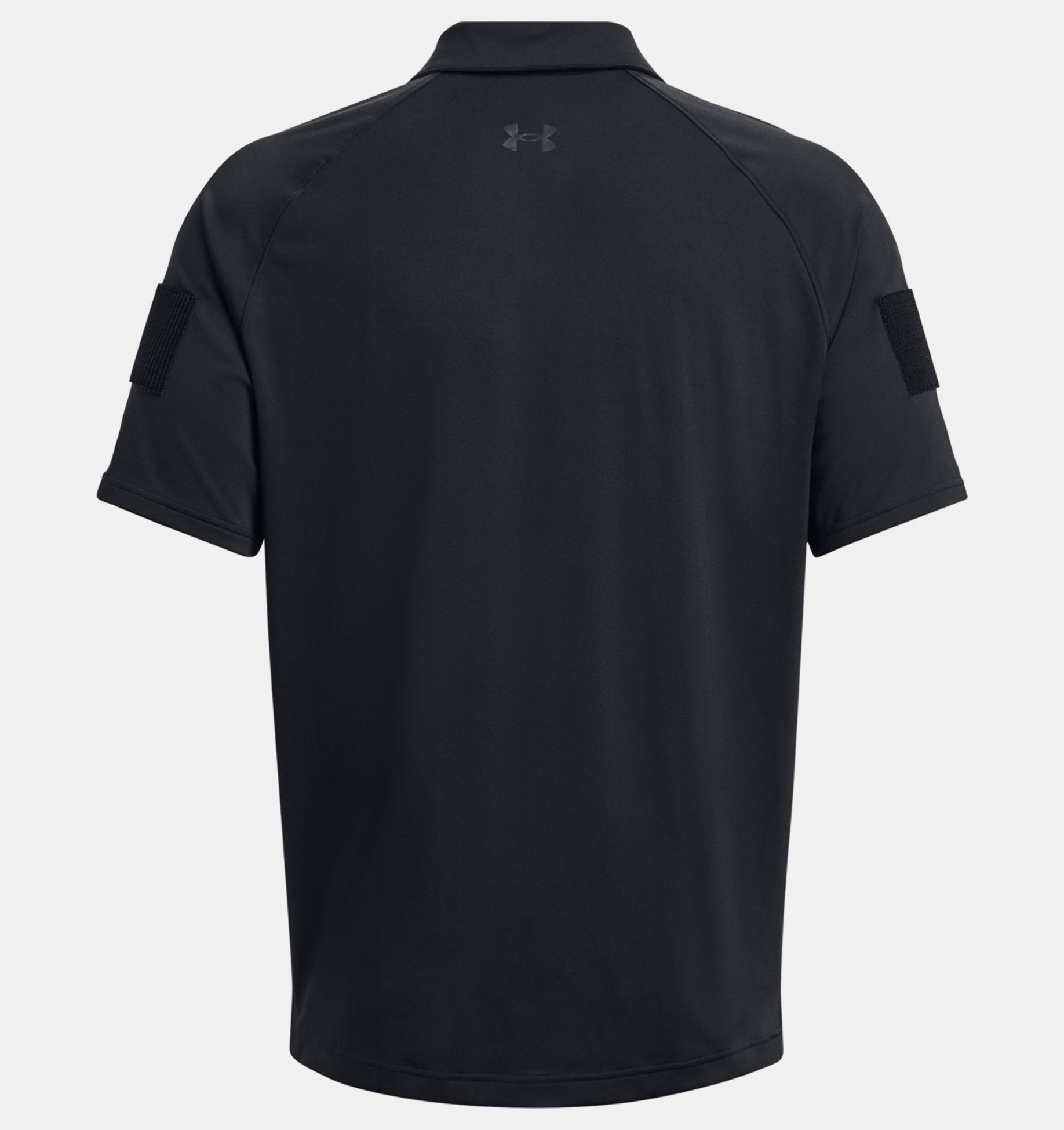 Back view of Under Armour Men's UA Tac Elite Polo 1379202, featuring a lightweight, breathable design in solid black.