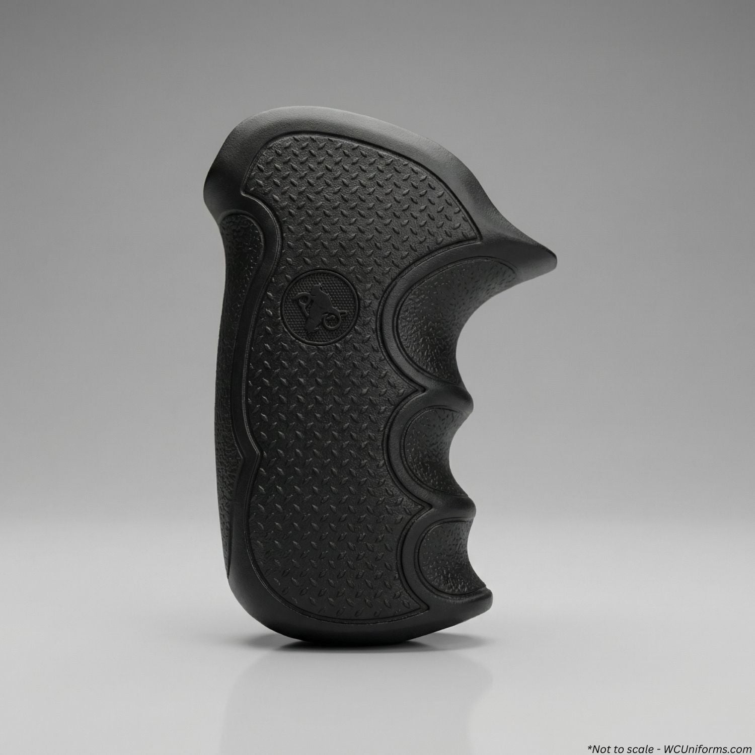 Black gun grip on a gray background