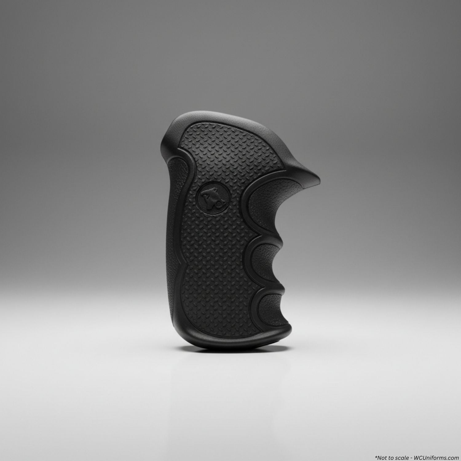 Black gun grip on a gray background