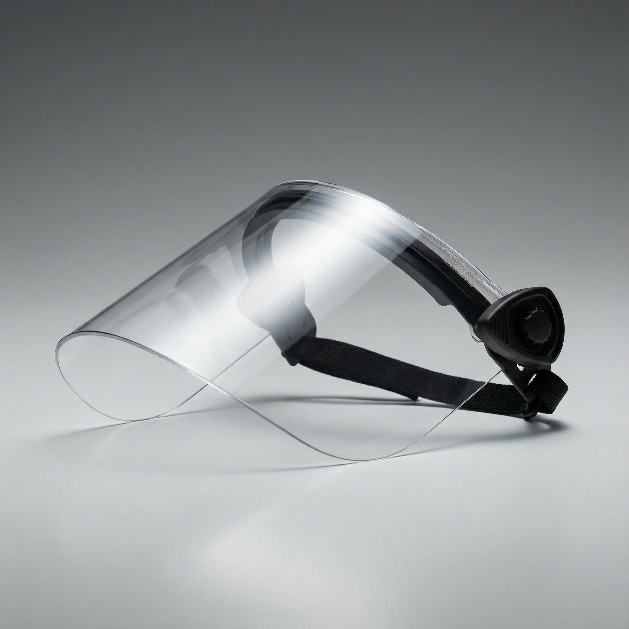 Clear face shield with black strap on a gray background