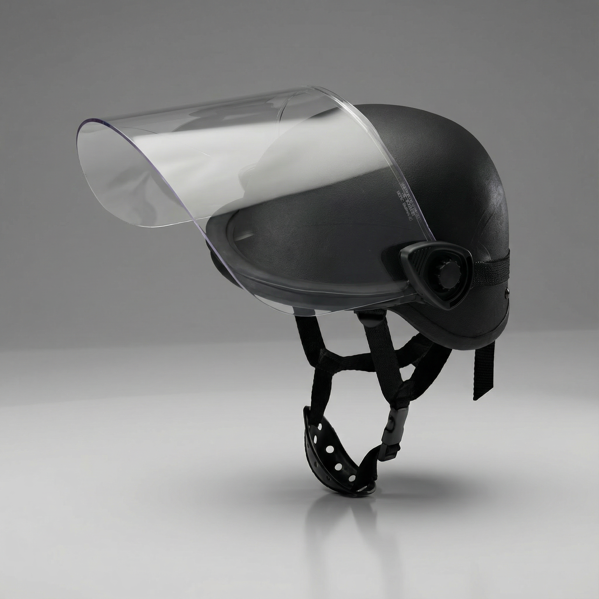 Black helmet with clear visor on a gray background