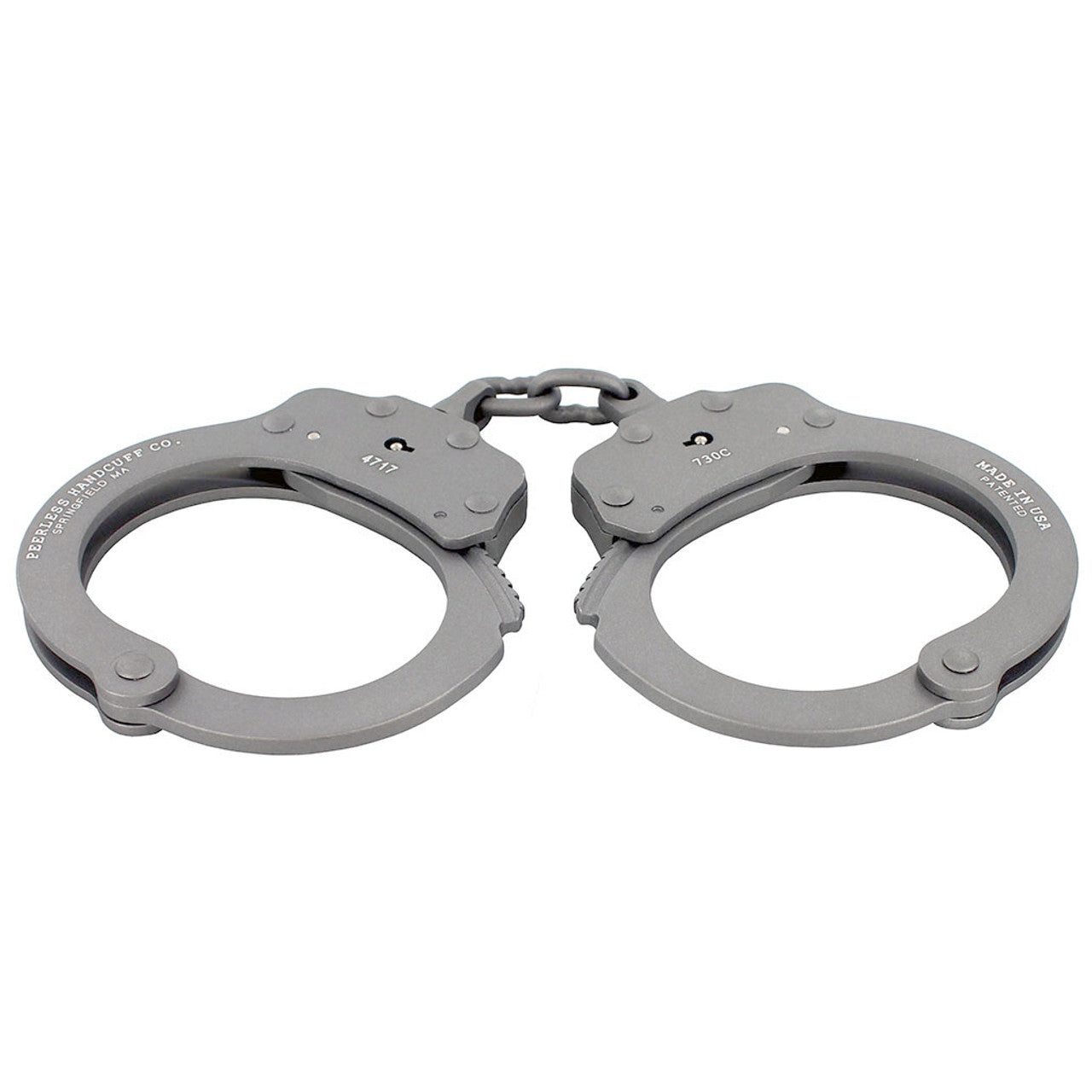 Gray handcuffs on a white background